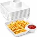 20 Pack Chips and Dip Serving Plates, White Reusable Divided Snack Trays with Sauce Compartment, Plastic Appetizer Dishes for Salsa, Sushi, Dumplings, Tacos, Fruit, Charcuterie and Party Serving, Medium