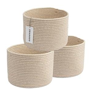 XUANGUO Woven Cotton Storage Baskets - 3-Pack Round Bins (10x10x7'') for Shelves, Closets & Bookcases | Durable Rope Organizers for Nursery, Baby, Toys, Easter & More (Oatmeal)