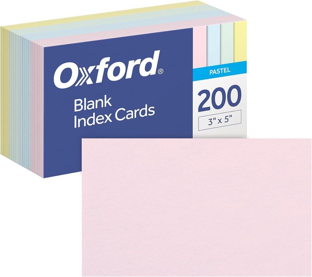 Oxford Blank Index Cards, Blank Note Cards, Flashcards for School, 4 Assorted Pastel Colors: Pink, Blue, Green and Yellow, 3 Inch x 5 Inch, 200 Cards Per Pack (1017491)