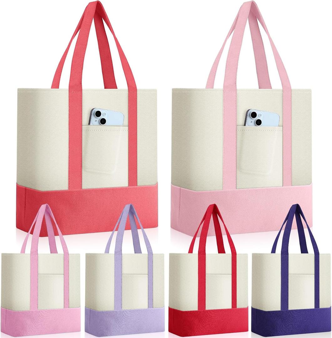 Sanwuta 6 Pcs Canvas Tote Bags Bulk with Outer Pocket Small Sublimation Blank Canvas Tote Reusable Grocery Bag for Women, DIY Craft (Pastel)