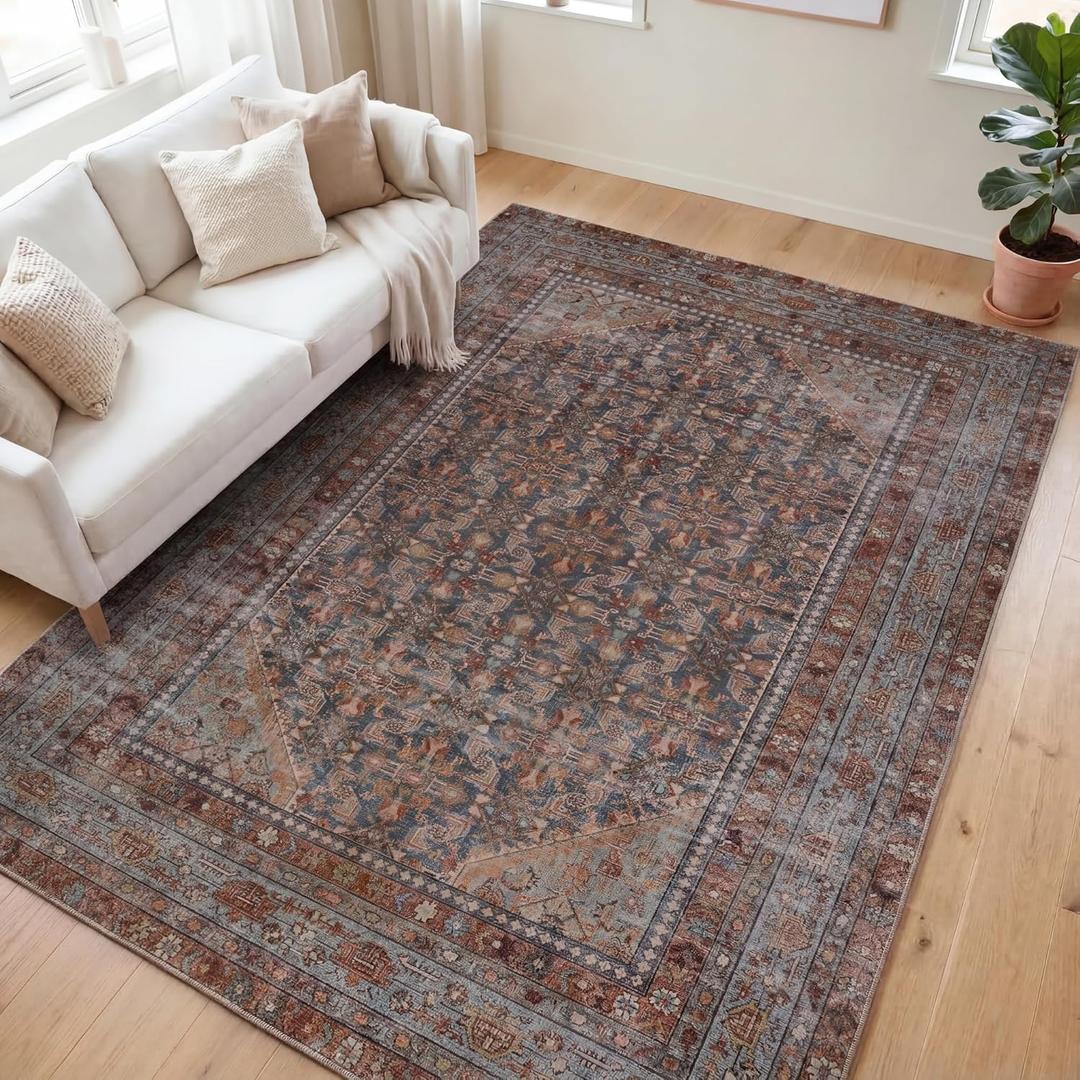 Kuden 5x7 Area Rug, Machine Washable Area Rug with Non-Slip Backing, Vintage Style, Soft, Easy Clean, Low Pile Rug for Living Room, Bedroom, Dining Room
