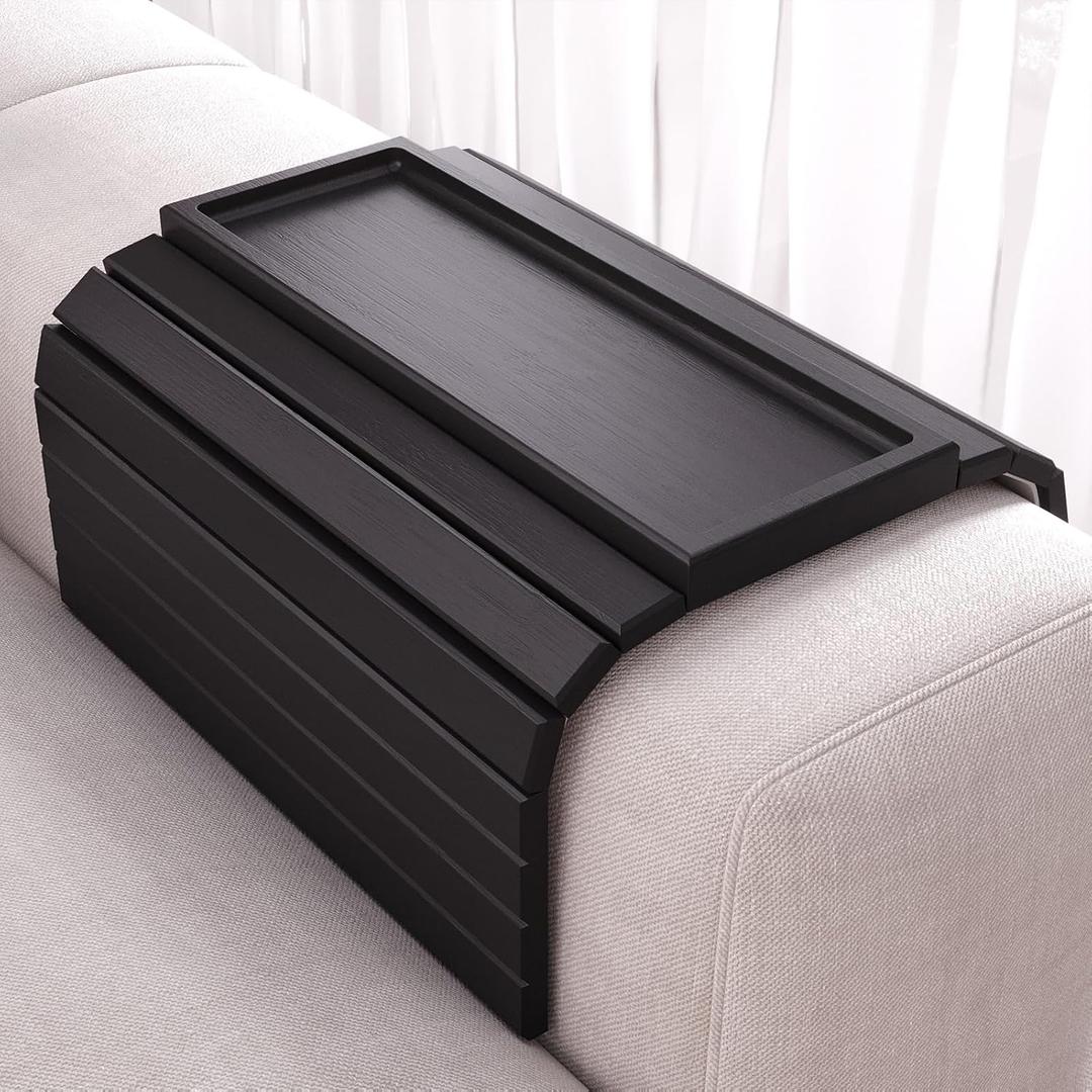 Sofa Arm Tray,Bamboo Folding Couch Arm Tray,Sofa Armrest Trays with Anti-Slip Pad for Drinks,Snacks,Phone,Remote ControlBlack (18.9" x 4.7" x 0.9")