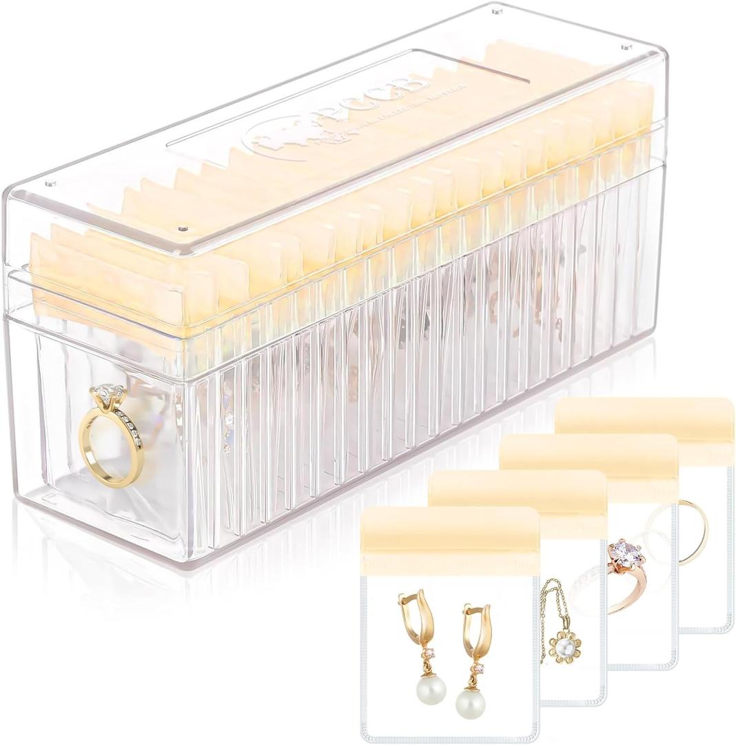 HOMEHIVE Acrylic Jewelry Box Organizer, Clear Jewelry Organizer Holder with 20 Portable Anti Tarnish Jewelry bags, Travel Jewelry Case for Earrings/Rings/Necklaces for Women Girls, Yellow