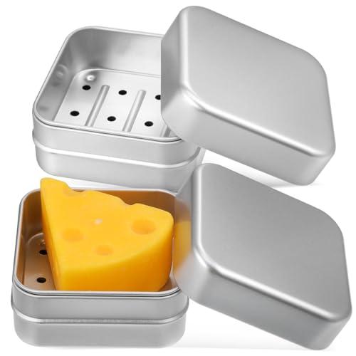 Amosfun 2pcs Aluminum Travel Soap Case Container with Lid: Portable Self-Draining Square Holder Soap Box 3 x 3 x 1.5 Inch for Camping Gym and Travel