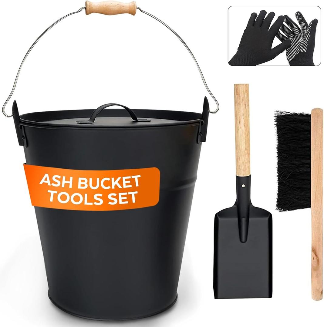 3.5 Gallon Ash Bucket with Lid and Shovel, Metal Fireplace Ash Bucket with Broom, Complete Fireplace Tools Set for Wood Stove and Fireplace