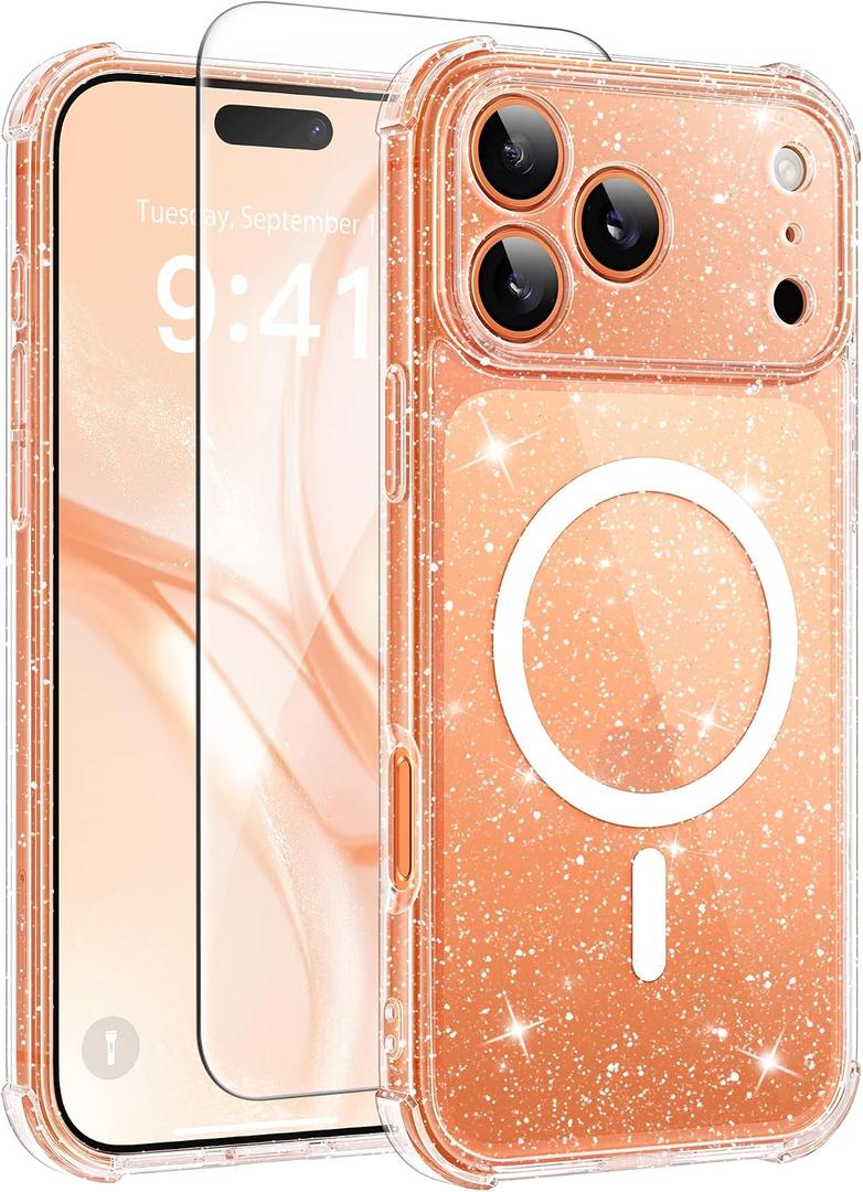 BERFY for iPhone 17 Pro Max Case for Women, Compatible with MagSafe, Clear Glitter Shockproof Protective Case, Anti-Yellowing, with Screen Protector & 3 Diamond Camera Lens Covers 6.9", Sparkle Clear