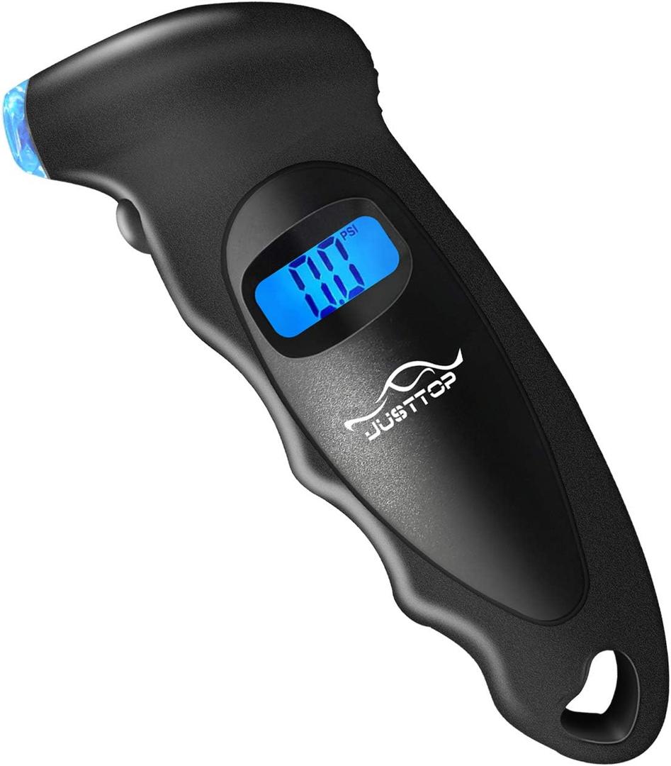 JUSTTOP Digital Tire Pressure Gauge, 150PSI 4 Setting for Cars, Trucks and Bicycles, Backlit LCD and Anti-Skid Grip for Easy and Accurate Reading (Black)