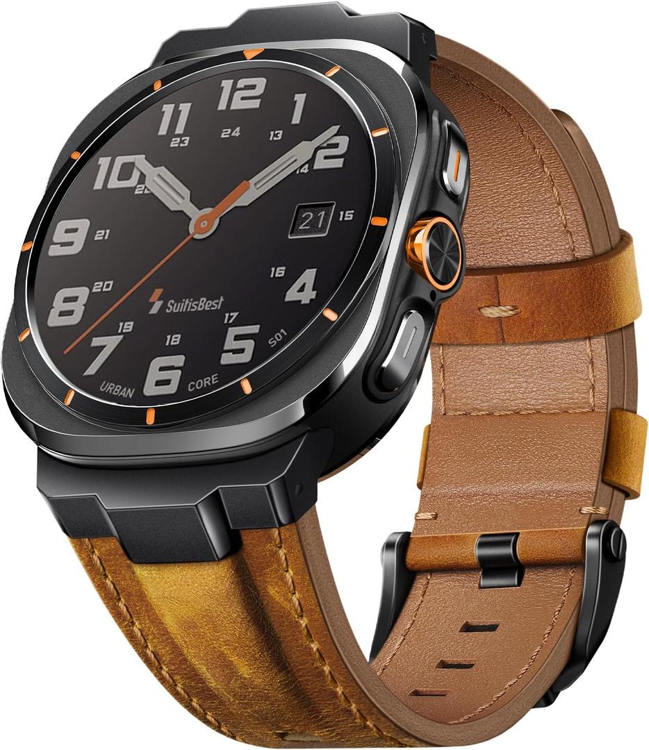 Suitisbest Genuine Leather Band Compatible with Samsung Galaxy Watch Ultra Bands 47mm for 2025 2024, No Gap Designer Rugged Strap with Metal Connectors for Men, Ideal Birthday Gift for Him (Light Brown | Black Connectors)