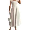 SOLY HUX Women's Wedding Guest Dress Square Neck Cap Sleeve A Line Flowy Cocktail Party Long Dresses Pure Apricot Medium
