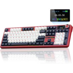 AULA F108 PRO - Wireless Mechanical Keyboard with Screen&Knob,Hot Swappable Gaming Keyboard with 8000mAh Battery,Pre-lubed Switches,RGB Backlit,PBT Keycaps Creamy Sounding Computer Keyboards,104 Keys (White&Red)