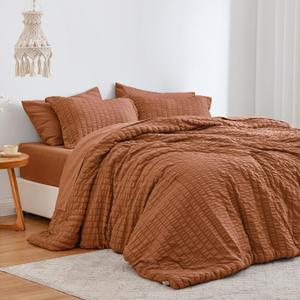 Love's cabin Seersucker Terracotta King Size Comforter Set 7 Pieces, All Season Bedding Set, King Bed in a Bag Comforter Set with Comforter, Flat Sheet, Fitted Sheet, Pillowcase and Pillow Sham (King (102"X90"))