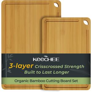 Keechee Chopping Board Duo 2-Pcs Natural Bamboo With Juice Channels & Knife-Friendly Finish For Versatile Kitchen Use(2Pcs), 2-Piece