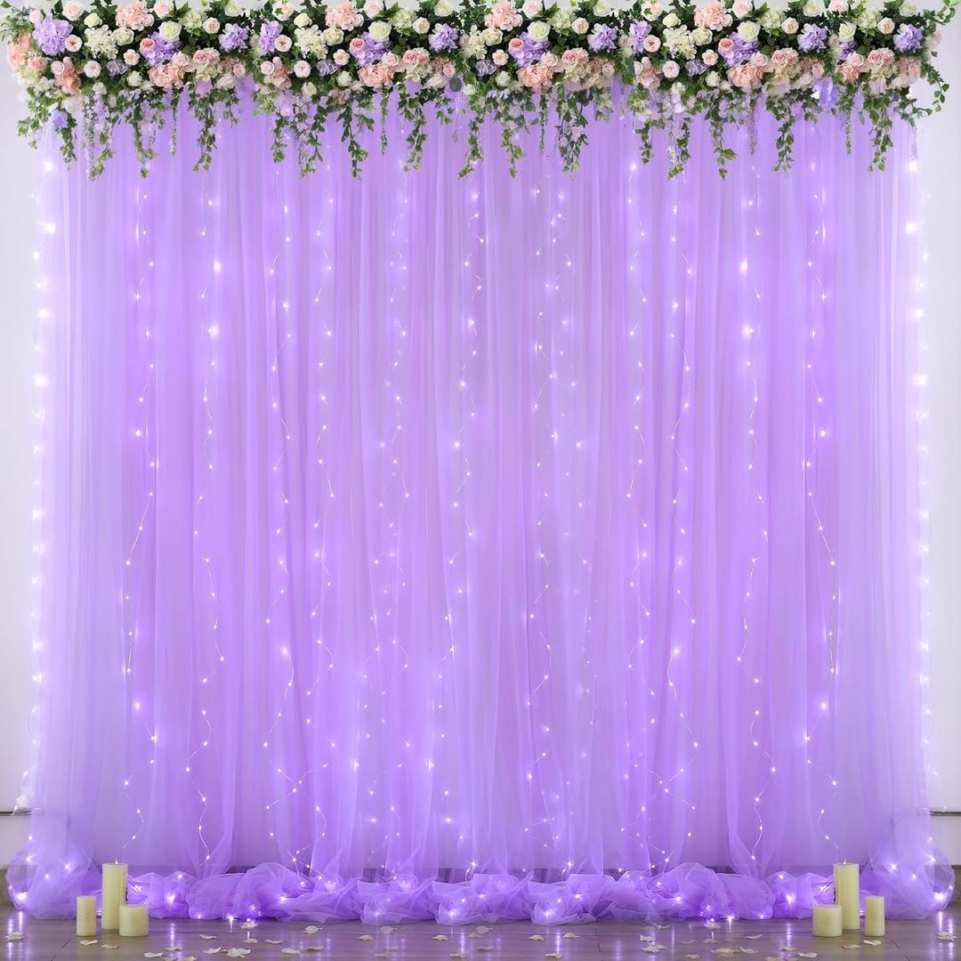 Lavender Tulle Backdrop Curtain with Led Lights for Wedding Baby Shower Girls 10ft X 8ft Lilac Lavender Sheer Backdrop Curtain for Birthday Party Bridal Shower Photoshoot Background Decorations