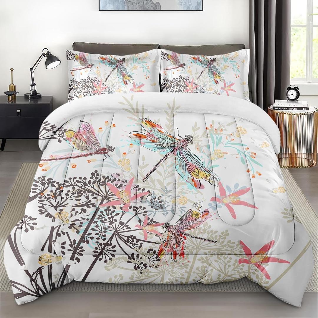 Comforter Set with Pillowcase Twin Size, Dragonfly Pink Flower Bloom, Bed Decor Wild Aesthetic Floral Botanical for Kids and Adults, Soft Cozy Bedroom Bedding Set