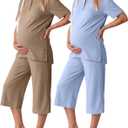 2 Pack Maternity Outfits Pregnancy Postpartum Pajama Lounge Set Oversized T-shirt Capri Pants Soft Summer Sleepwear (Blue, XL)