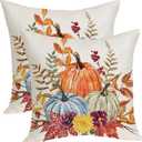 Fall Pillow Covers 16x16 Inches Pack of 2 Orange Blue Pumpkin Leaves Throw Pillow Covers, Autumn Thanksgiving Decoration Pillowcase Farmhouse Decorative Cushion Case for Home Sofa Outdoor Decor