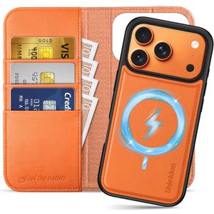 SHIELDON 2 in 1 Wallet Case for iPhone 17 Pro 6.3" | Genuine Leather, Wireless Charging, RFID Blocking Credit Card Slot, Folio Magnetic Closure, Removable Shockproof Phone Cover 2025 - Orange