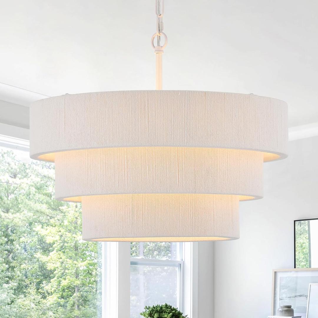 20” Boho Hand Woven Rattan Chandelier 3 Round Adjustable Coastal Pendant Light for Kitchen Island Dining Living Room, White, UL Listed, 19.75 inches diameter x 49.5 inches height