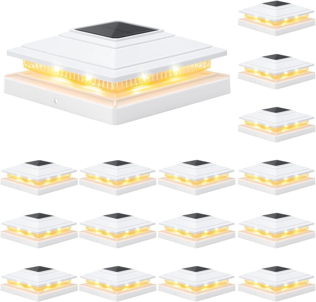 APONUO Solar Post Cap Lights, IP64 Waterproof 16 Bright LEDs Fence Post Solar Lights for Deck,Fence,Patio,Garden,Yard, 2 Modes, Long-Lasting Outdoor Light for Posts 4x4 5x5 5.5x5.5, White 16-Pack
