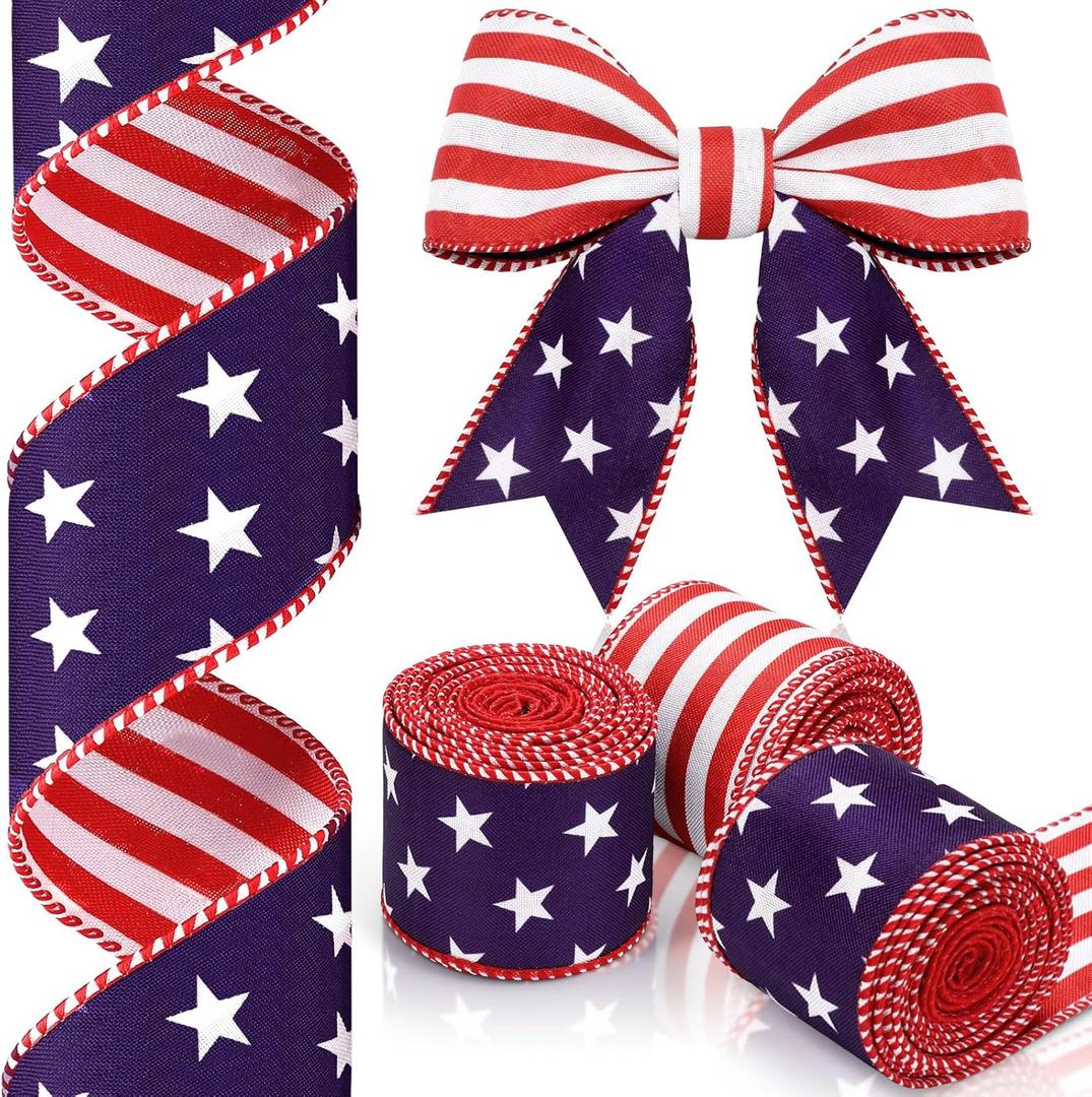 XunYee 3 Rolls 4th of July Patriotic Ribbons Red White Blue American Flag Double Sided Star Striped Wired Ribbon for Independence Day 250th Anniversary Christmas Bow DIY Crafts 2.5 x 15 Yards