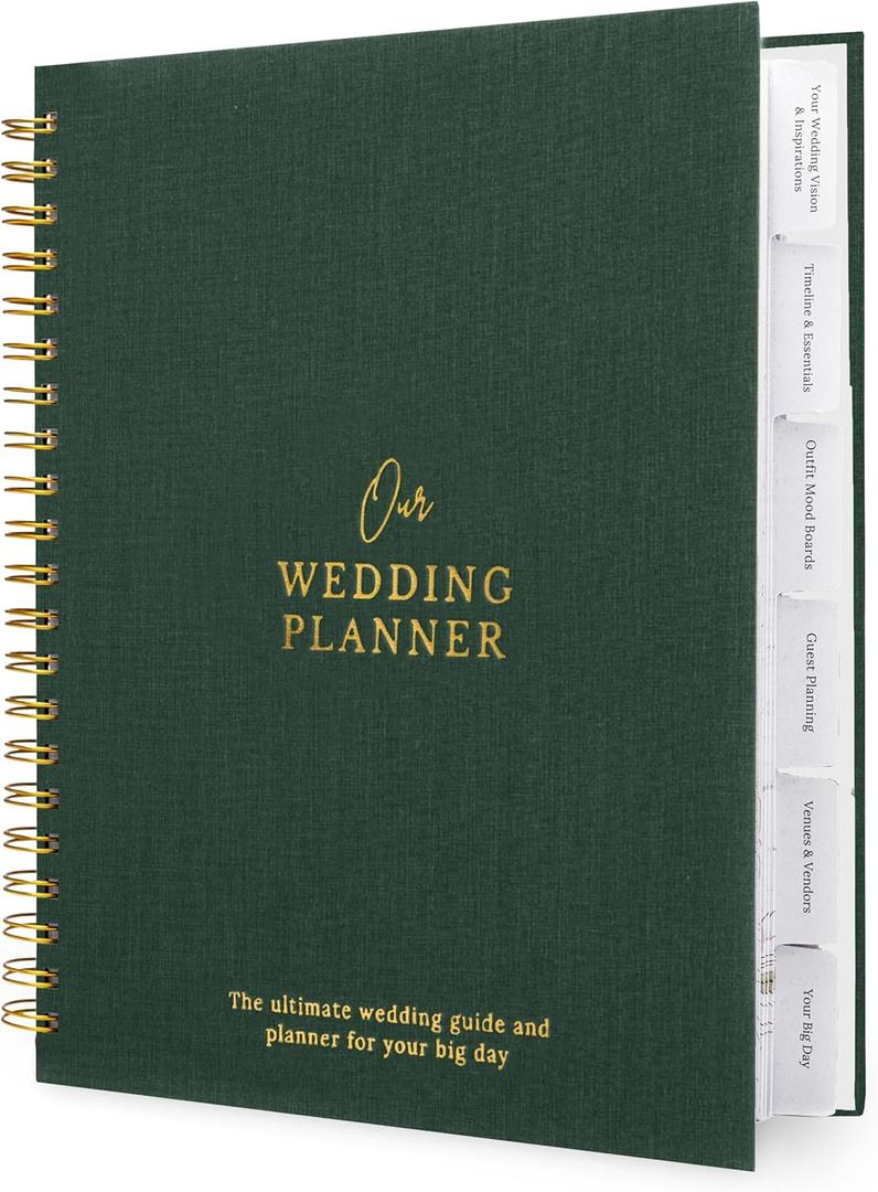 Nook Theory Comprehensive Linen Wedding Planner and Keepsake - Perfect for Newly Engaged Gift, Wedding Planning and Organizer Book for the Bride (Green)