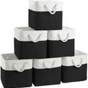 FinishingBo Large 11x11 Inch Cube Storage Bins with Cotton Handles for Closet, Shelves, Clothes, Towel (White/ Black-6 Pack)