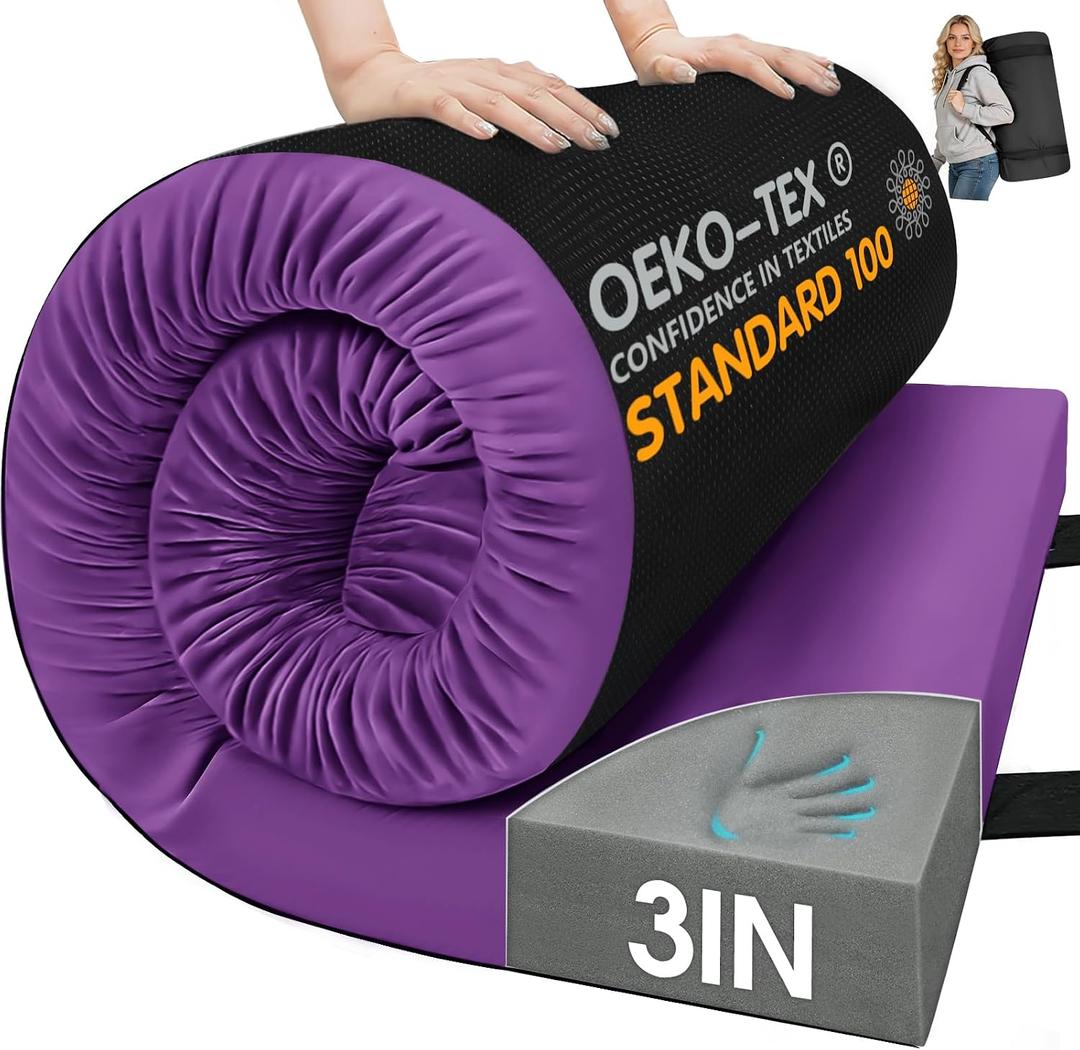 CYMULA Memory Foam Camping Mattress Pad,Sleeping Pad for Camping,Non-Slip Bottom Floor Car Mattress Bed with Retaining Portable Roll up Mattress Pad Mat for Travel Truck Guest Bed Tent, PURPLE, Twin XL:80*38*3 