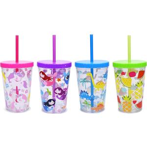 Home Tune 16oz Kids Tumbler Water Drinking Cup 4 Pack - BPA Free, Straw Lid Cup, Reusable, Lightweight, Spill-Proof Water Bottle with Cute Design for Girls & Boys (Unicorn & Mermaid & Dinosaur & Fruit)
