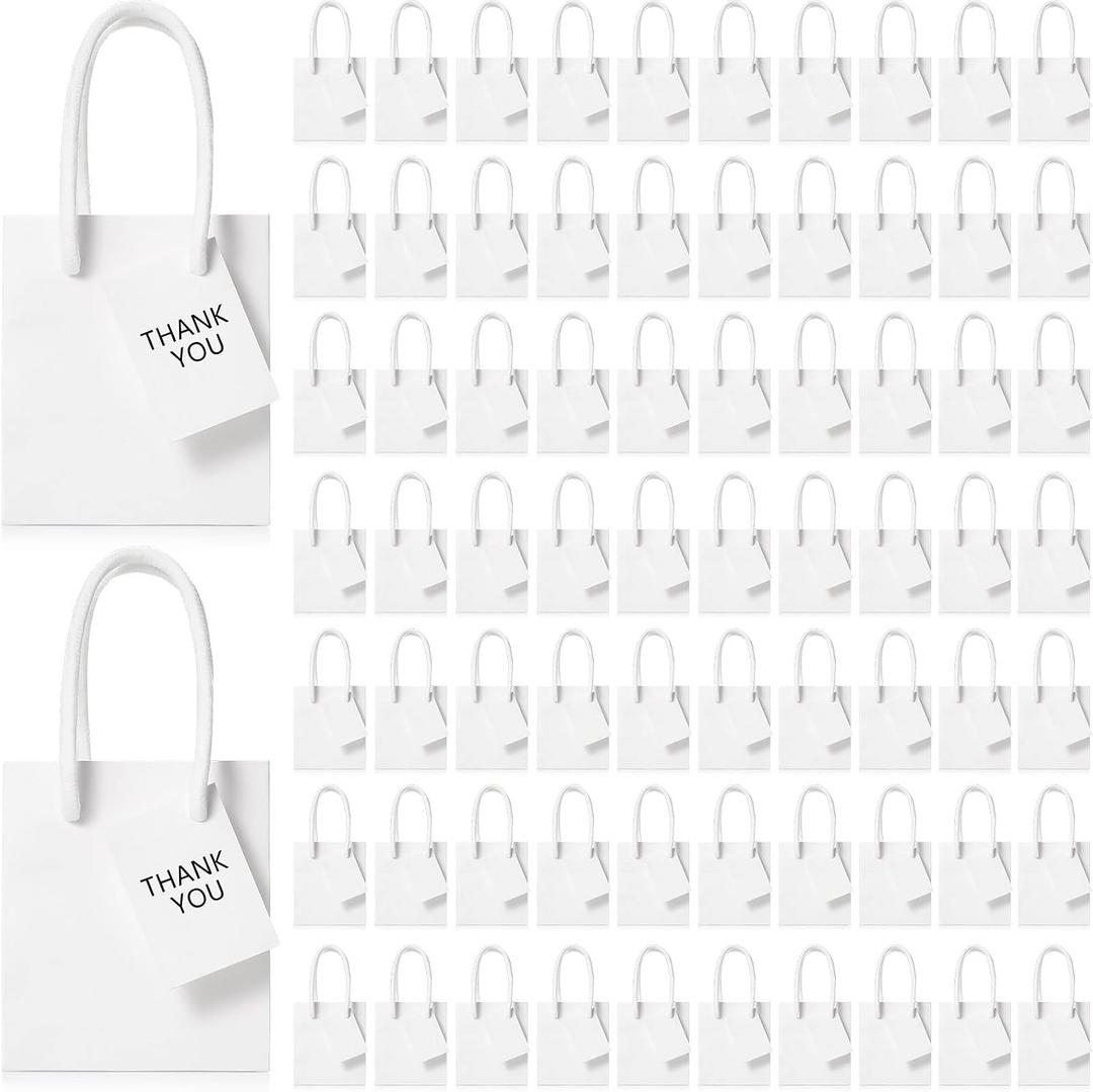 Sherr 100 Pcs Mini Gift Bags Bulk, 4 x 2.75 x 4.5 in Paper Bag with Tag, Extra Small Paper Gift Boxes with Handles for Birthday, Party Favor, Wedding, Small Business, Spring Easter(White)