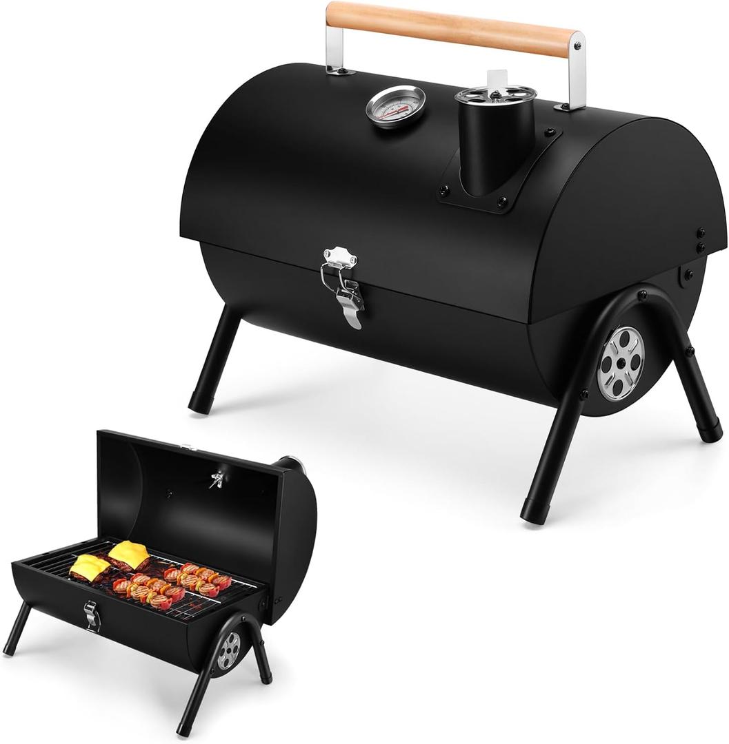 Joyfair Portable Charcoal Grill with Thermometer, Small Tabletop Barbecue Grill for Outdoor Camping Backyard Party BBQ Cooking, Extra Thick Steel & Heavy Duty, Innovative Design & Easy Assembly