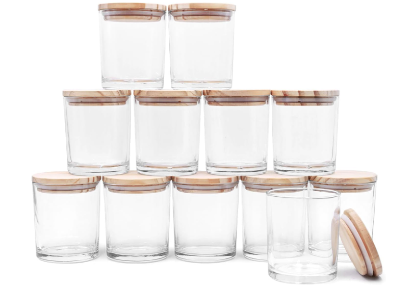 SHOWIN Thick Candle Jars for Making Candles 12 Pcs, 7 OZ Empty Jars with Wood Lids for Candle Making, Sample Container, Frosted White