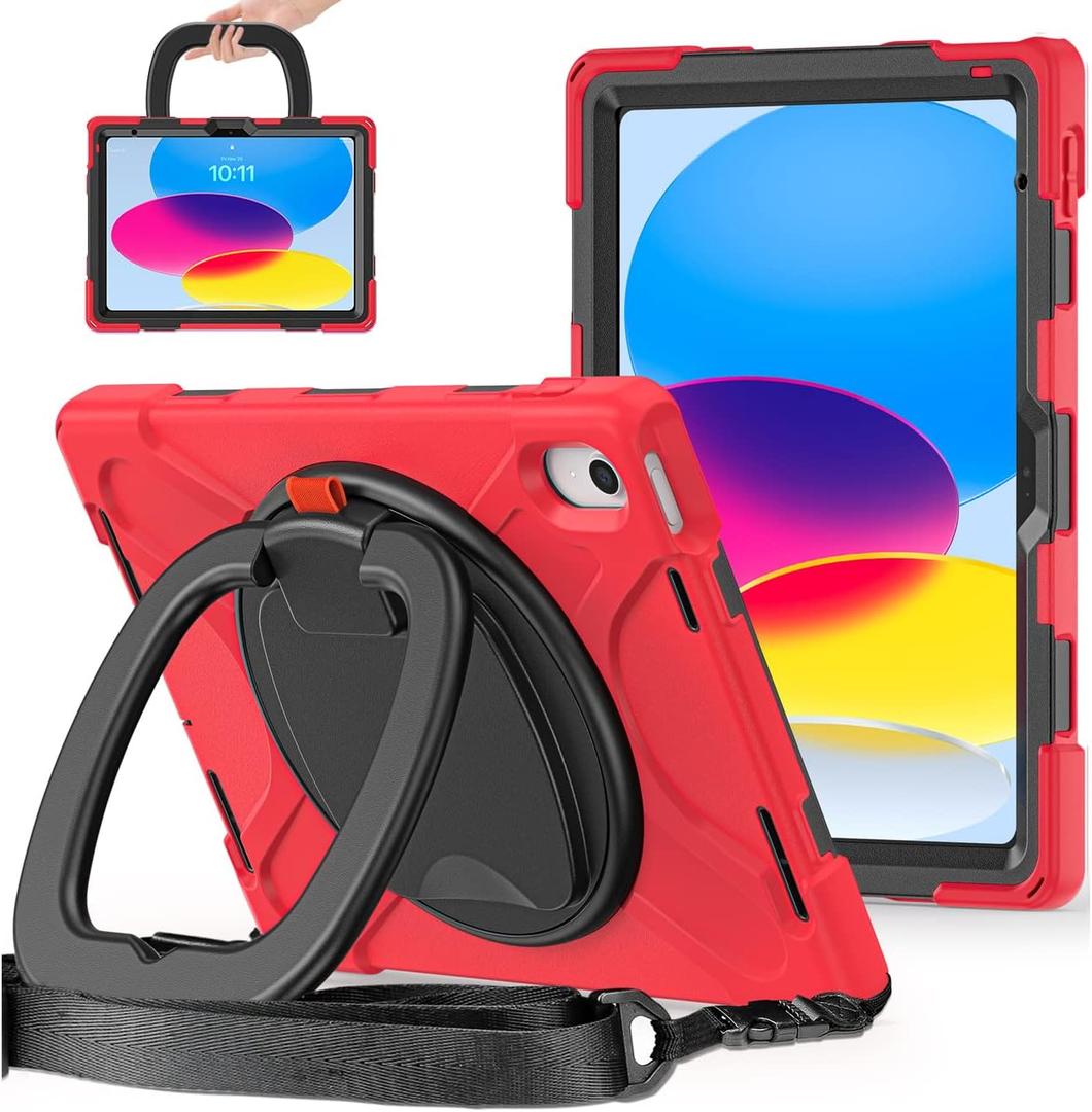 for iPad (A16) 11th/10th Generation Case 2025/2022 (11/10.9),Heavy Sturdy Shockproof Kids Case with Screen Protector, Rotating Stand/Pencil Holder/Shoulder Strap - (Red)