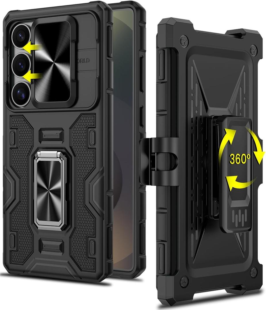 Caka for Samsung Galaxy S25 Ultra Case with Belt Clip Holster Slide Camera Cover Built-in 360 Rotate Ring Holder Stand Heavy Duty Shockproof Protective S25 Ultra Case 2025, Black