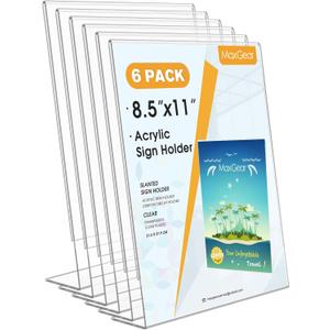 MaxGear 6 Pack Acrylic Sign Holder 8.5 X 11, Plastic Paper Holder With Vertical Slanted Back, Picture Photo Frames Display Stand Flyer and Document Organizer for Office Desktop Use