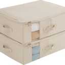 Under Bed Storage Containers Bags for Clothes, Blanket, Comforters Organizer with Clear window - 600D Cationic Fabric (M(21.7x16.5x7in) for under bed storage, Beige)