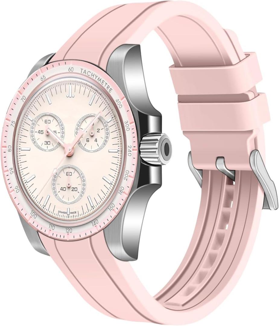 Juntan Curved Ends Silicone Watch Band 20mm 22mm Universal Soft Rubber Sport Replacement Watch Straps for Moonswatch Multiple Colors Watch Bands Men Women (Pink)
