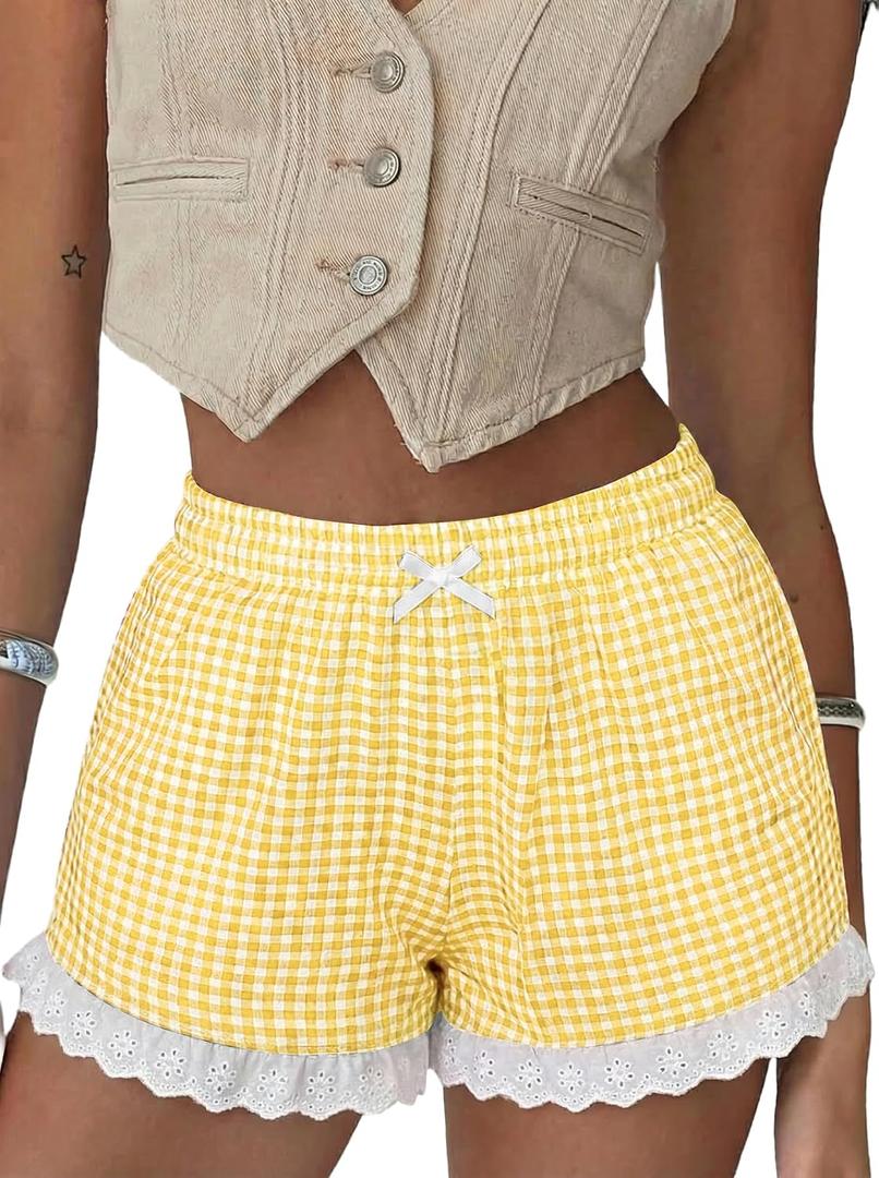 2 x Boxer Shorts Gingham Shorts Y2K Beach Bottoms | Plaid Shorts Y2K Pajama Bottoms Two Pockets (Yellow), Large