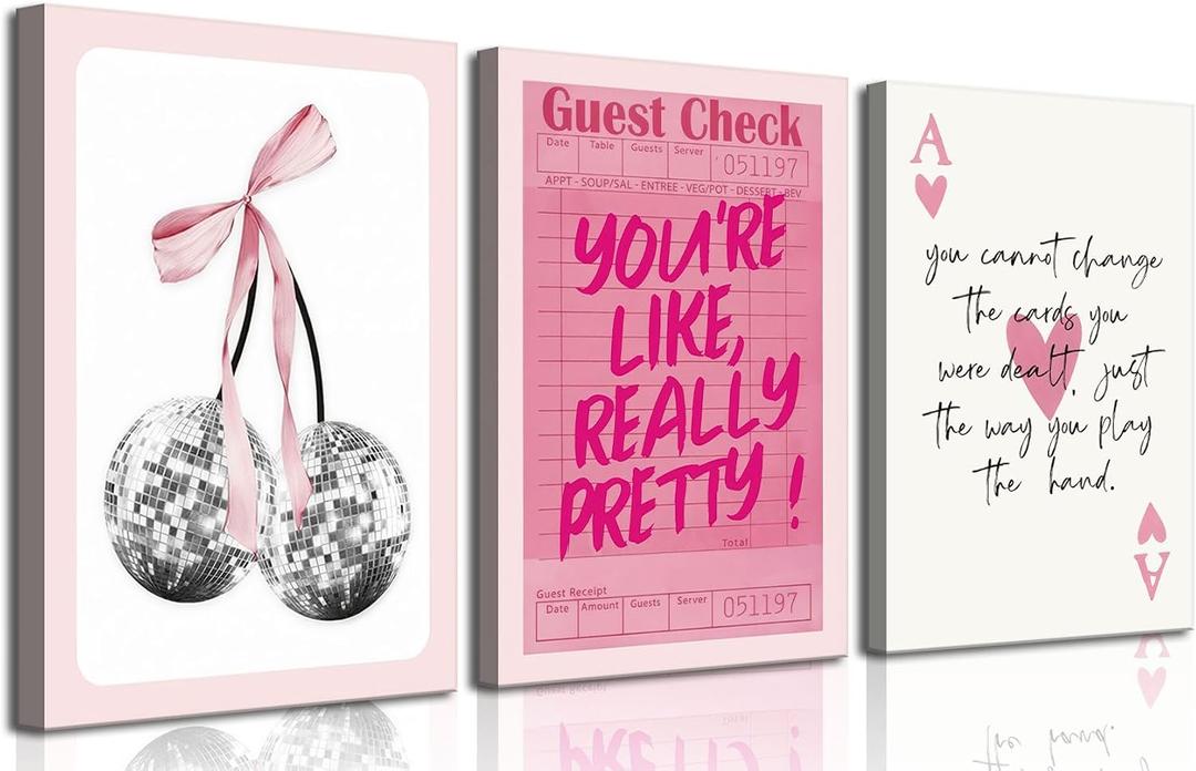 3Pcs Trendy Pink Preppy Canvas Wall Art Cute Girly Coquette Disco Cherry Pictures Wall Decor Preppy Room Decor Aesthetic Posters Prints for College Apartment Dorm Decoration 16x24in