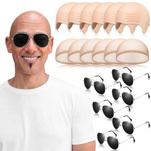 Thiccywoov 18 Pcs Bald Cap with Sunglass Set Makeup Bald Wig Cap Halloween Cosplay Party Costume Accessories for Men Women Adults