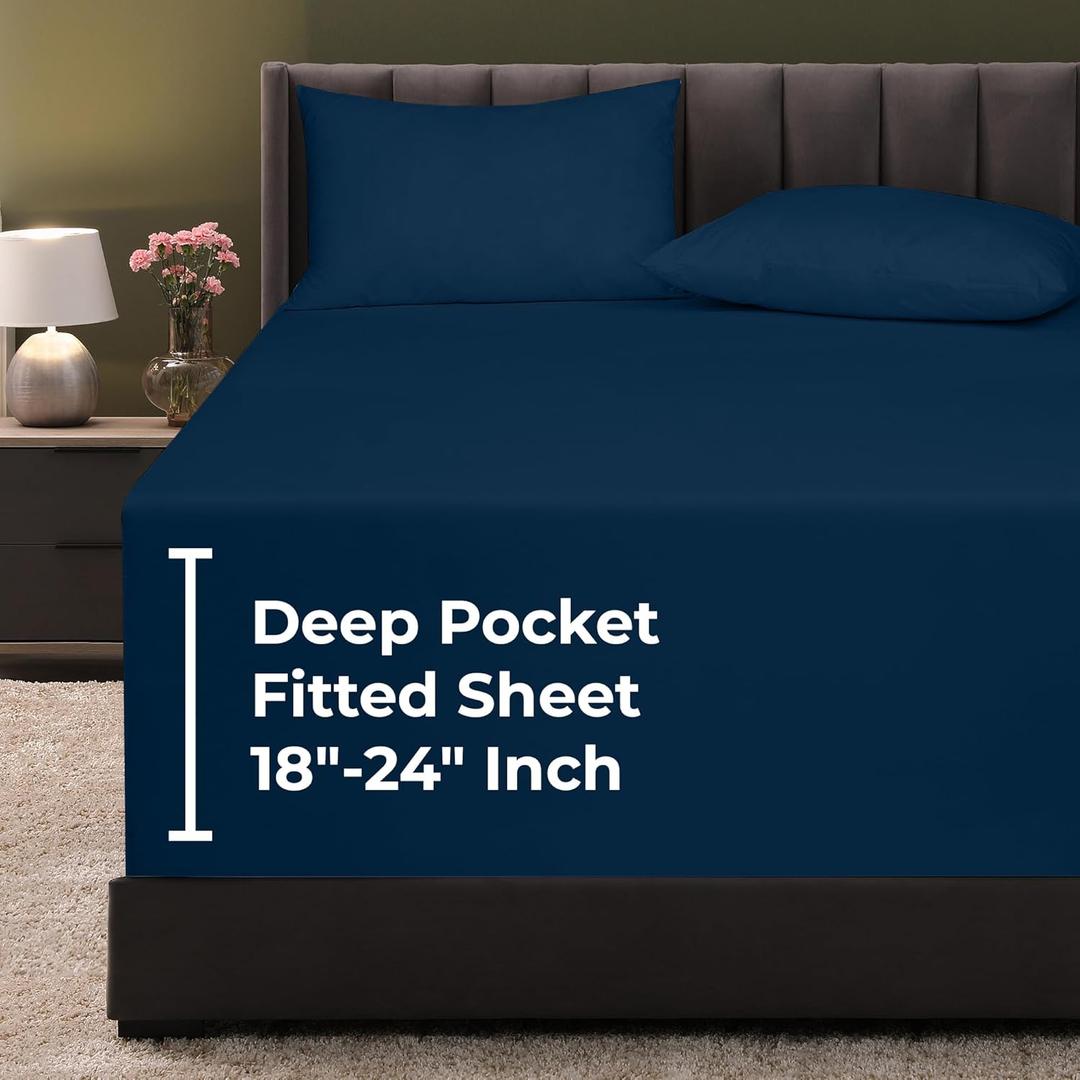 Royale Linens Extra Deep Pocket Twin Fitted Sheet Only - Twin Size Deep Pocket Navy Fitted Sheet - Fits 18 inch to 24 inch Thick Mattress - Soft & Breathable Elastic Sheets (39x75 Inches, Navy)