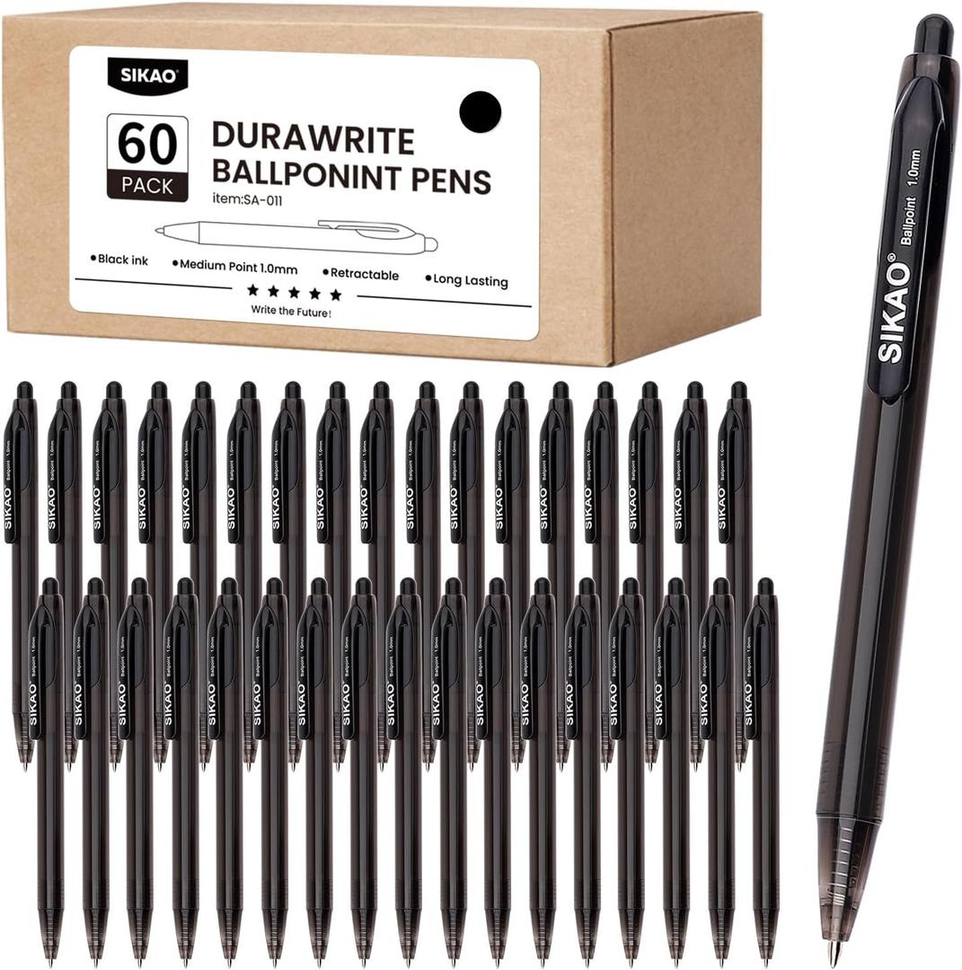 Black Pens Bulk, 60 Pack Durawrite Retractable Ballpoint Pens Black Ink 1.0mm, Click Pens No Bleed No Skip Smooth & Vivid Writing for Teachers, Students, Restaurant Servers, School & Office Supplies