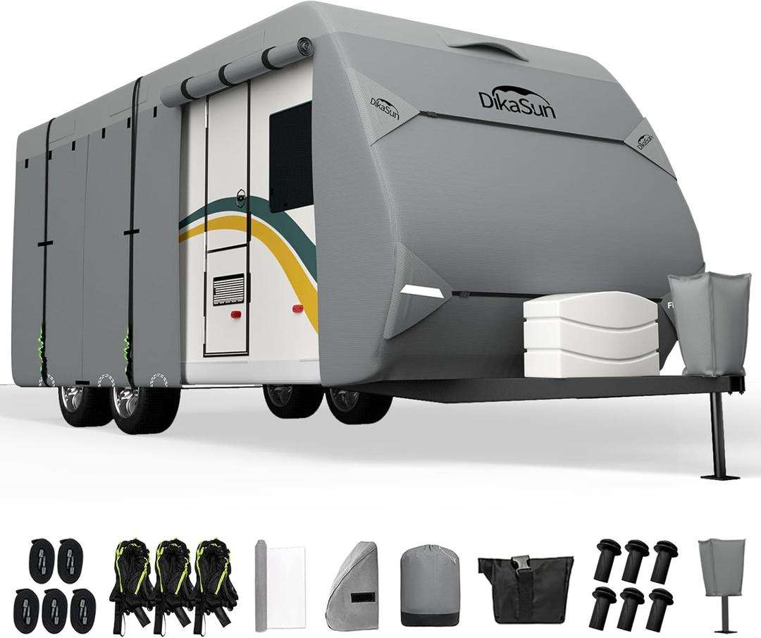 RV Cover, Upgraded 7 Layers top Travel Trailer Cover Fits 24-27 ft RV, Waterproof Camper Cover for Toy Hauler with Tongue Jack Cover, Gutter Covers