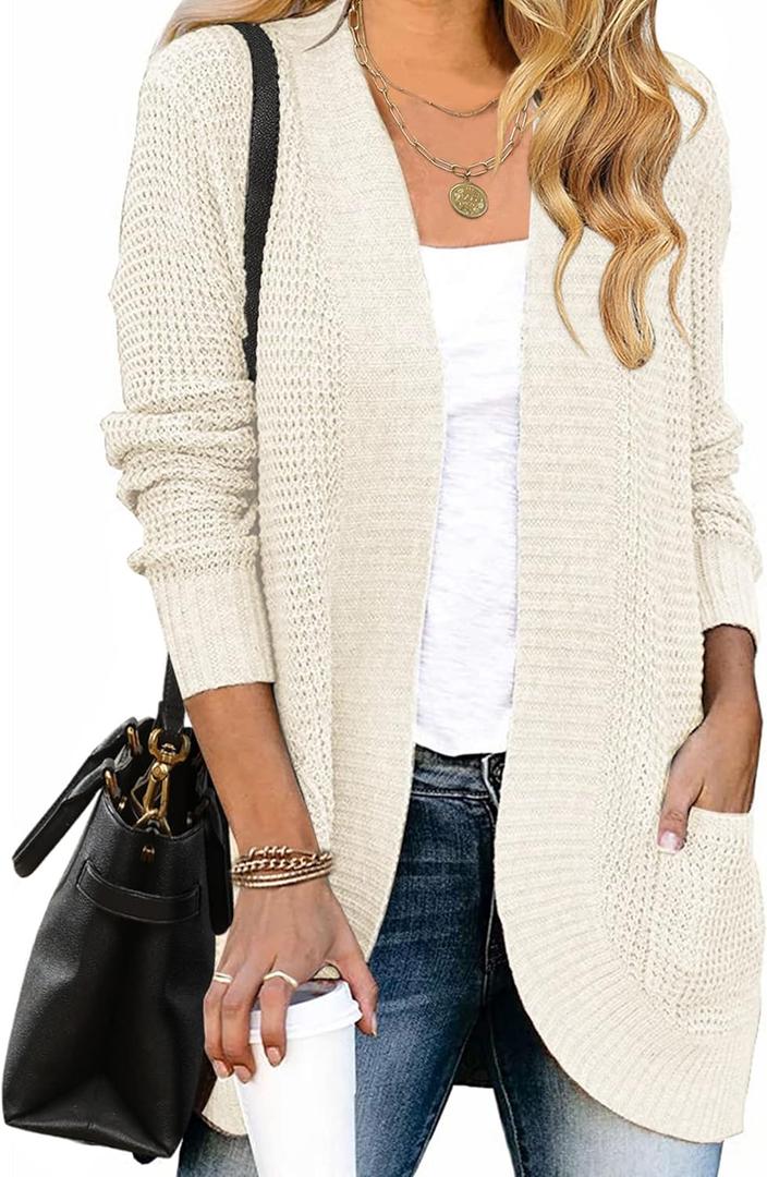 ZESICA Women's Fall Winter Long Sleeve Open Front Casual Lightweight Soft Knit Cardigan Sweater Outerwear, Apricot, Small
