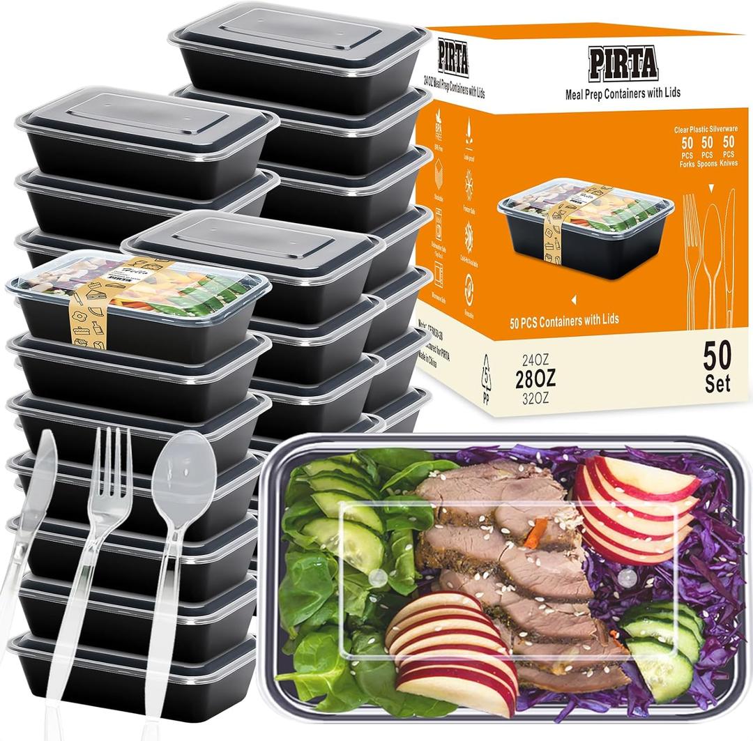 PIRTA 50 Pack(250-Piece) 28 oz Meal Prep Containers Reusable with Lids & Clear Plastic Silverware Set, Food Safe, Leakproof, Microwave, Freezer, Dishwasher, To-Go Take Out, Food Storage Bento Box