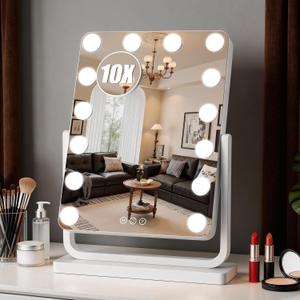 Vanity Mirror with Lights, 18"×15" Hollywood Makeup Mirror with 14 Dimmable Bulbs, 3-Color Lighting, Dimmable, 360° Rotation, 10x Magnification, Desk Mirror, Bedroom (White)