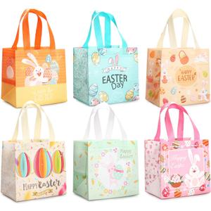 6PCS Happy Easter Egg Hunt Bags Easter Bunny Carrot Chick Egg Gift Bags with Handles, Easter Treat Bags, Multifunctional Non-Woven Bags for Gifts Wrapping, Egg Hunt Game, Easter Party Supplies, (Pink Green Blue Orange)