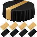 Tudomro 8 Pcs Black and Gold Round Plastic Tablecloth and Satin Table Runner Set 84 Inch Round Covers 12 x 108 Inch Table Runners for Wedding Birthday Party Baby Shower Anniversary (Black, Gold)