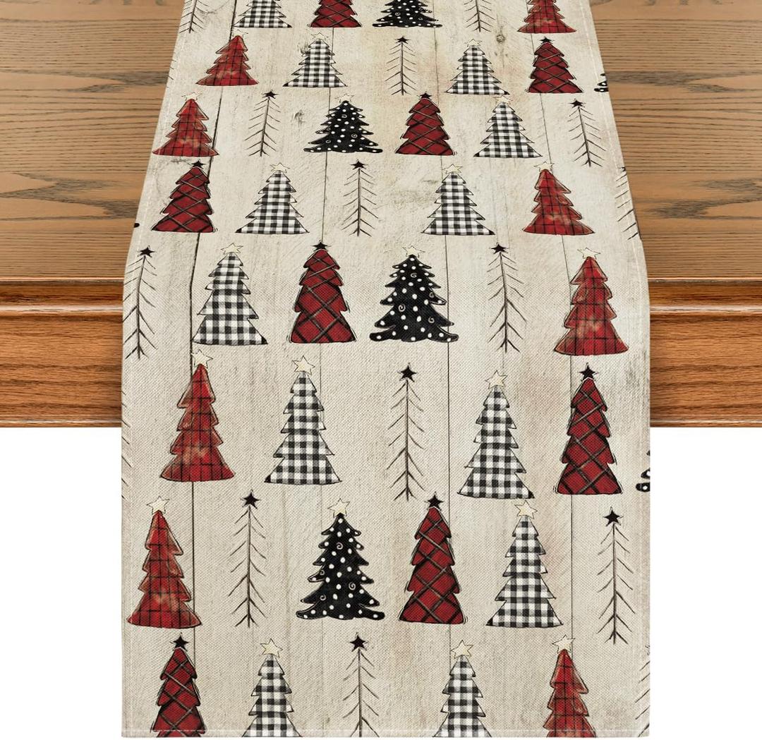 Artoid Mode Wood Xmas Tree Christmas Table Runner, Seasonal Winter Holiday Kitchen Dining Table Decoration for Home Party Decor 13x90 Inch