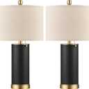 KDG 23.4" Black PU Leather Table Lamps for Living Room Set of 2, E26 Socket LED Modern Home Decor Fabric Lampshade Desk Lamp Lighitng for Bedroom, Bedside, Farmhouse, Nightstand, Night Light