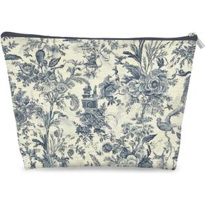 Vintage Chinoiserie Floral Makeup Bag Gifts for Women, Blue and White Floral Cosmetic Bag, Grandmillennial Toile de Jouy Aesthetic Zipper Makeup Pouch Travel Toiletry Bags